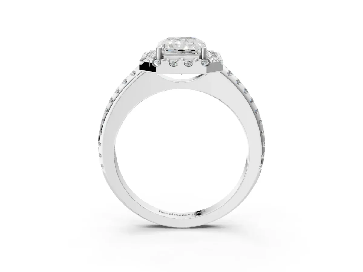Radiant Cut Diamond Pavé Halo Ring with Four-Prong Setting Platinum