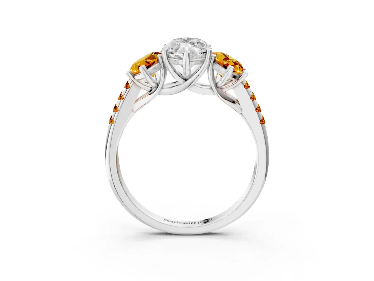 Three-Stone Marquise Cut Diamond Ring with Round Citrine Pavé Band and Prong Setting Silver