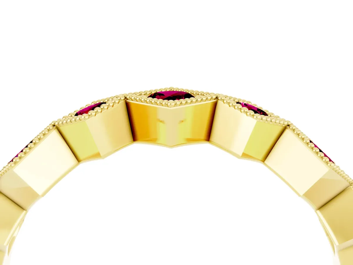 Milgrain Square Bezel Round Garnet Chevron Band Yellow gold