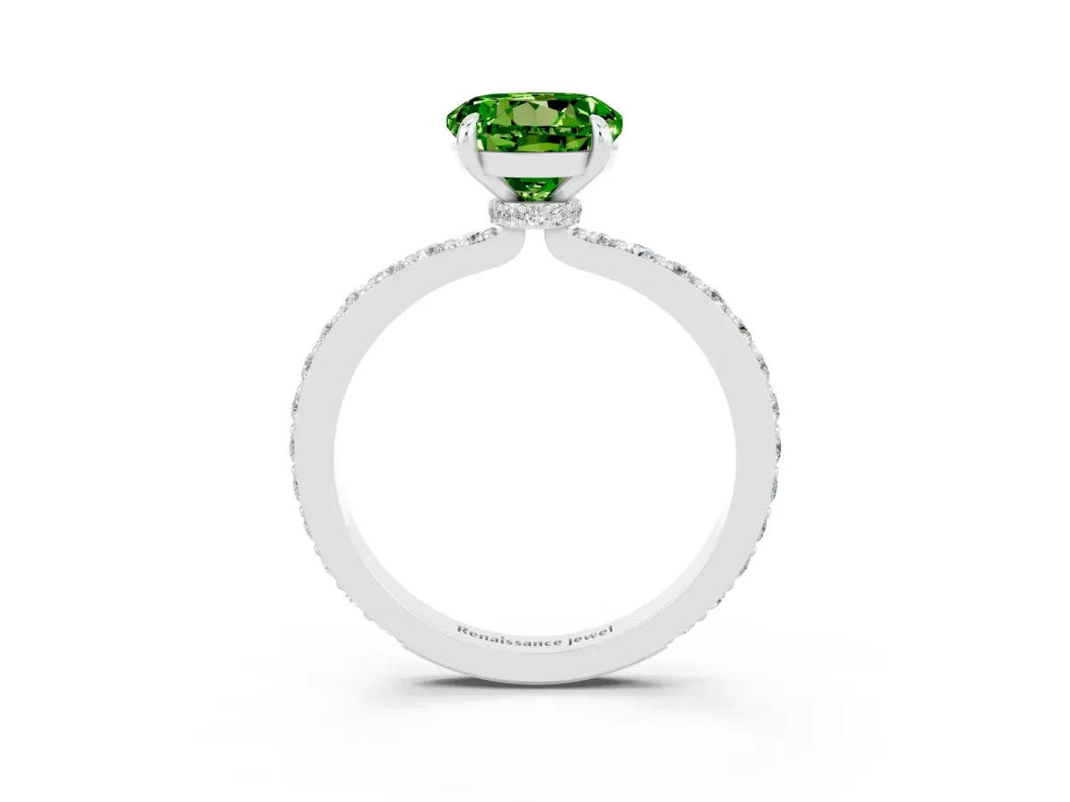 Round Cut Peridot Solitaire Engagement Ring with Pavé Band and Four-Prong Setting Silver