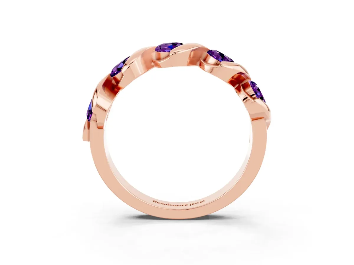 Round Amethyst Wave Band with Channel Setting and Shared Prongs Rose gold