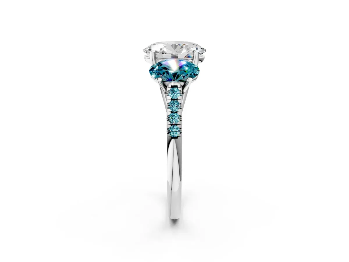 Three-Stone Oval Cut Diamond Ring with Round Blue Topaz Pavé Band and Prong Setting Silver