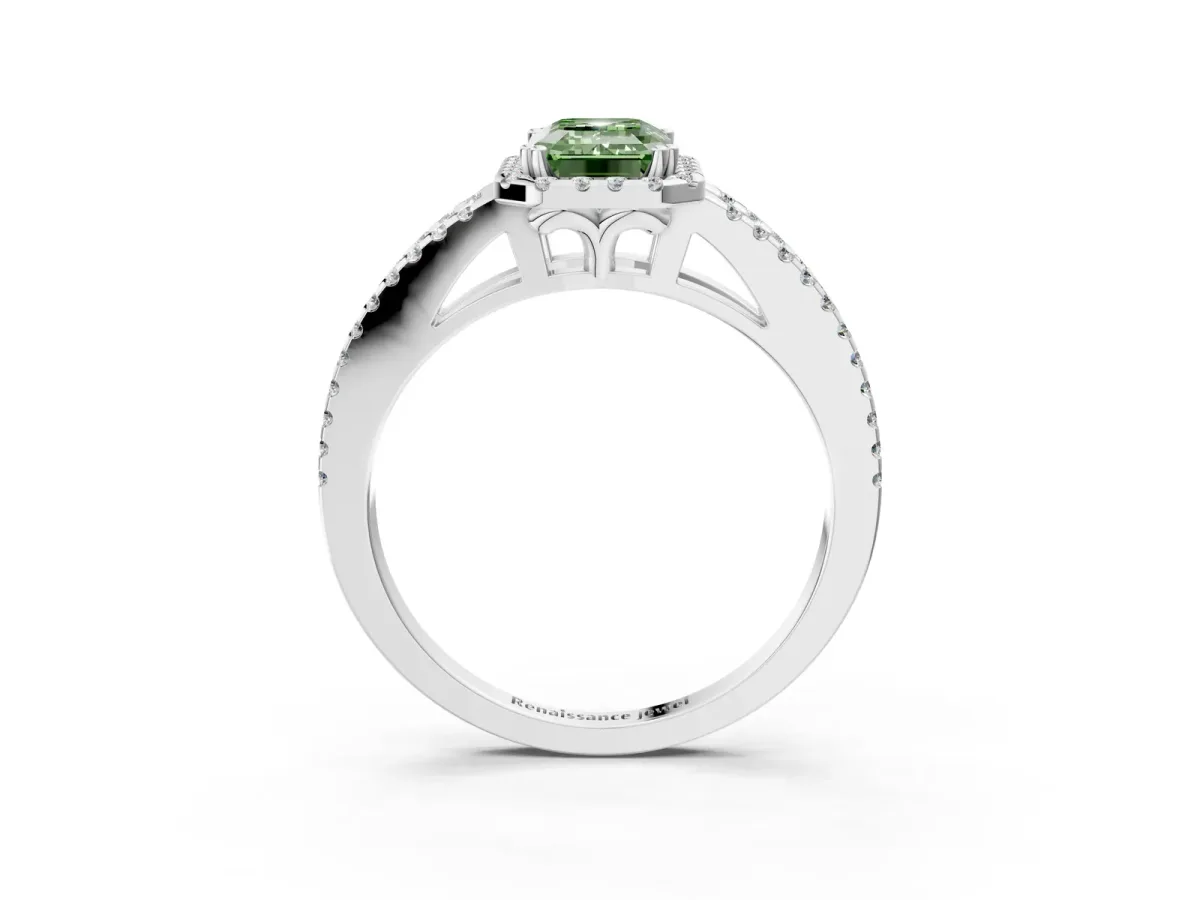 Fancy Green Emerald Cut Diamond Halo Split Shank Engagement Ring Platinum