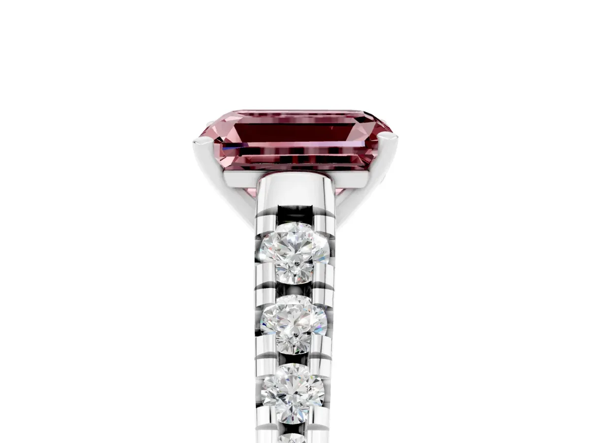Emerald Cut Morganite Cathedral Solitaire Ring with Round Pavé Band Platinum