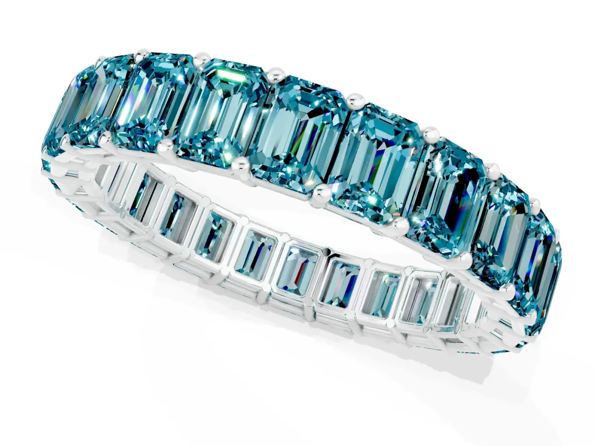 Emerald Cut Blue Topaz Eternity Band with Shared Prong Setting Platinum