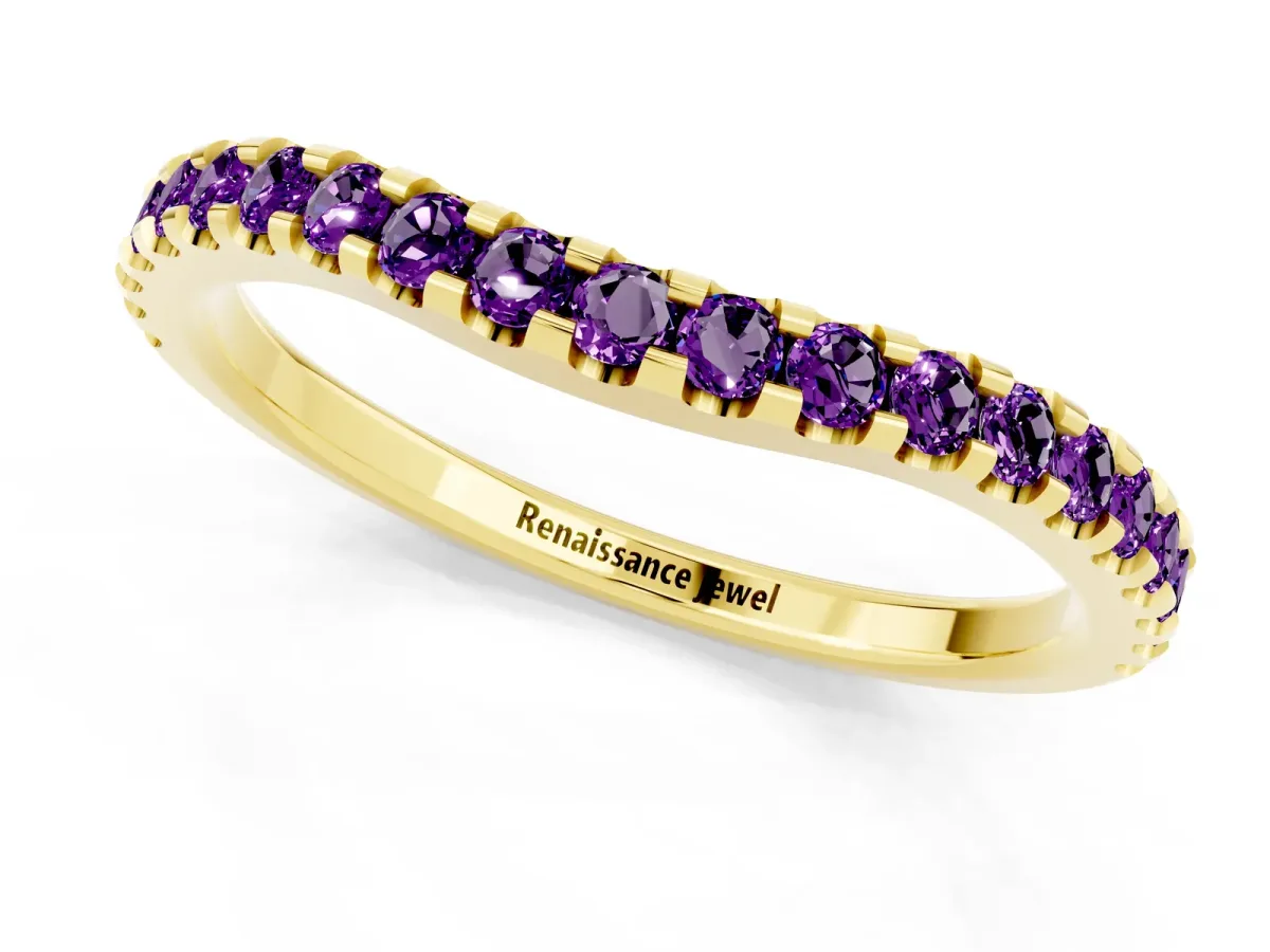 Round Amethyst Pavé Curved Wedding Band Yellow gold