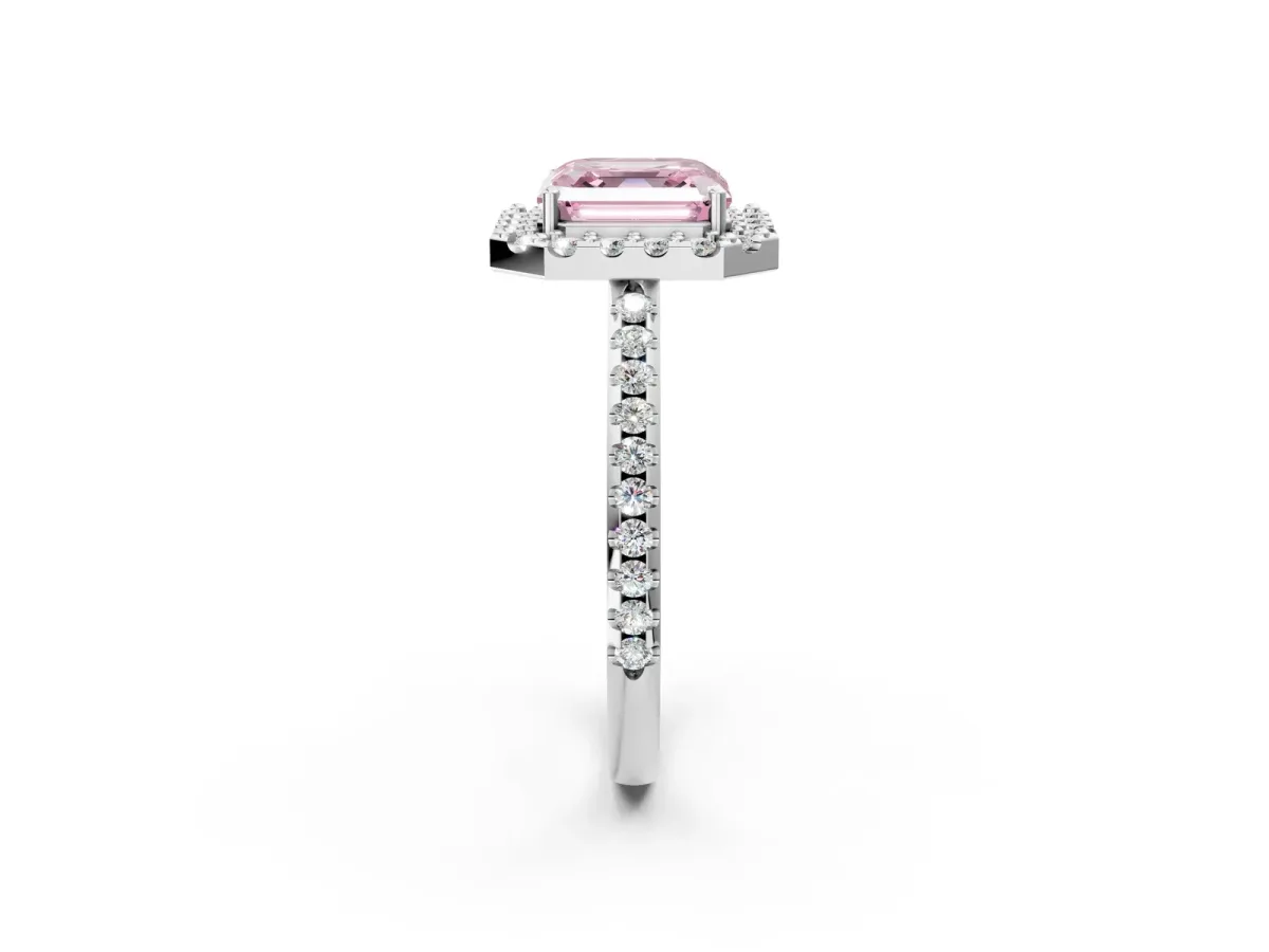Fancy Pink Asscher Cut Diamond Pavé Halo Ring with Four-Prong Setting Platinum