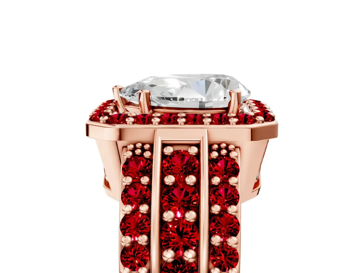 Pear Cut Halo Diamond Ring with Round Ruby Split Shank and Prong Setting Rose gold