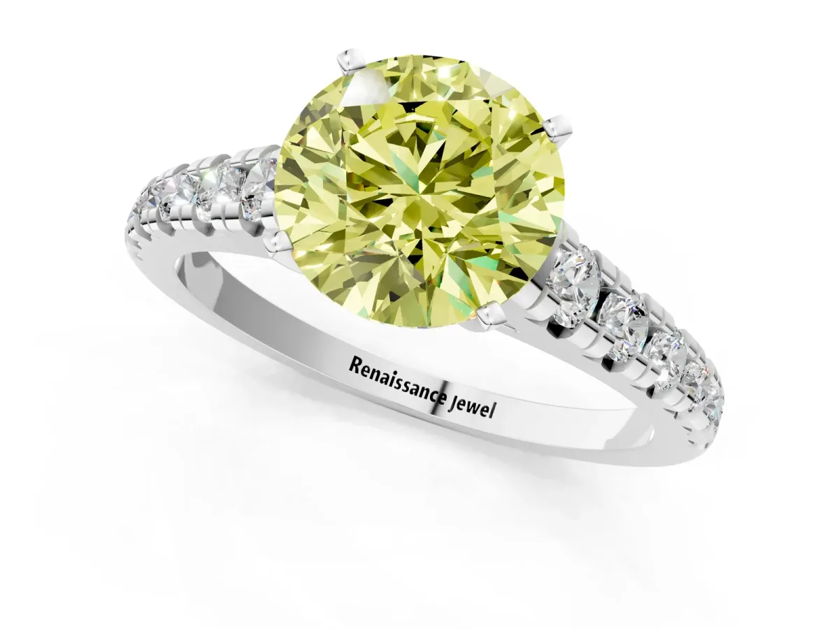 Fancy Yellow Round Cut Diamond Cathedral Solitaire Ring with Round Pavé Band Silver