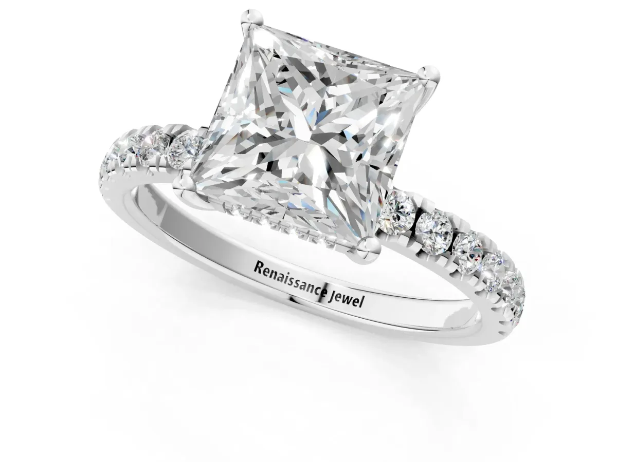 Princess Cut Diamond Pave Band Solitaire Ring with Round and Prong Setting Platinum