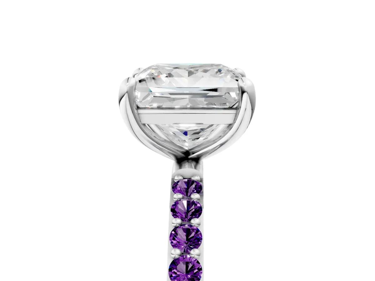 Princess Cut Diamond Solitaire Ring with Round Amethyst Pavé Band and Prong Setting Silver