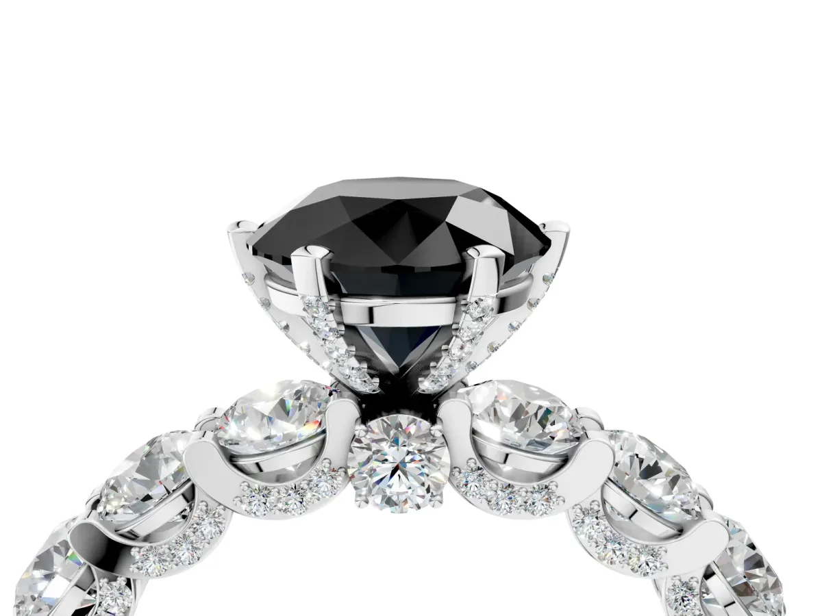 Fancy Black Round Cut Diamond Side Stone Engagement Ring with Four-Prong Setting Platinum