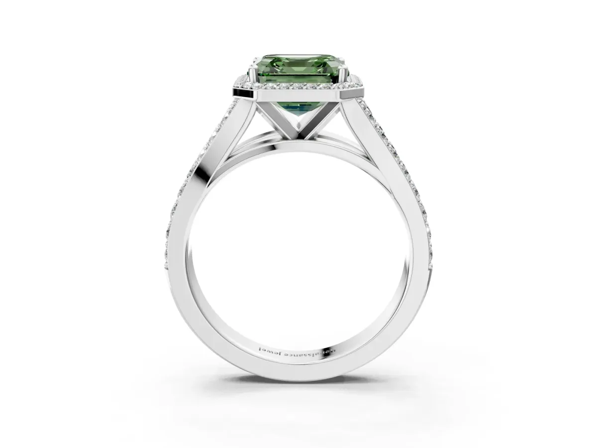 Fancy Green Asscher Cut Diamond Split Shank Halo Ring with Four-Prong Setting Platinum
