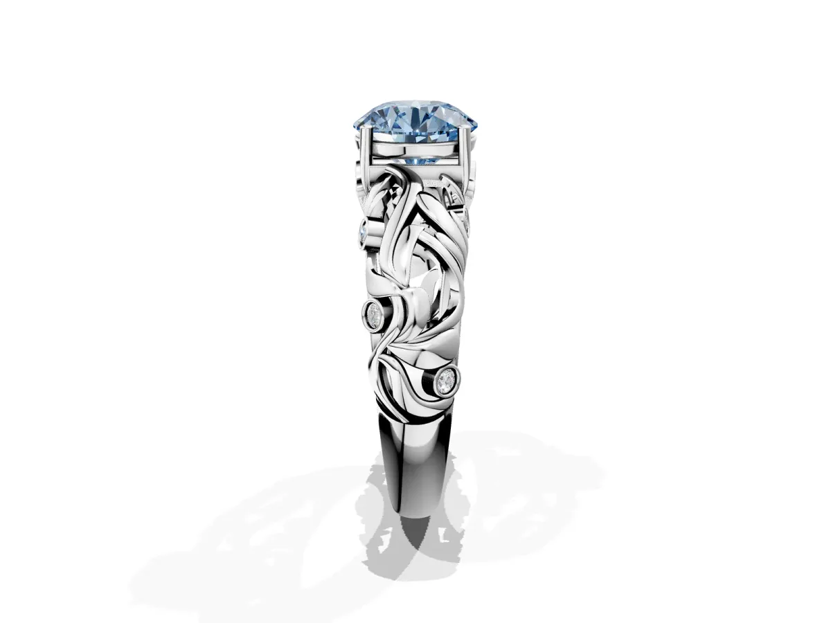 Fancy Blue Round Cut Solitaire Diamond Leaf-Inspired Vine Band Ring with Prong Setting Silver