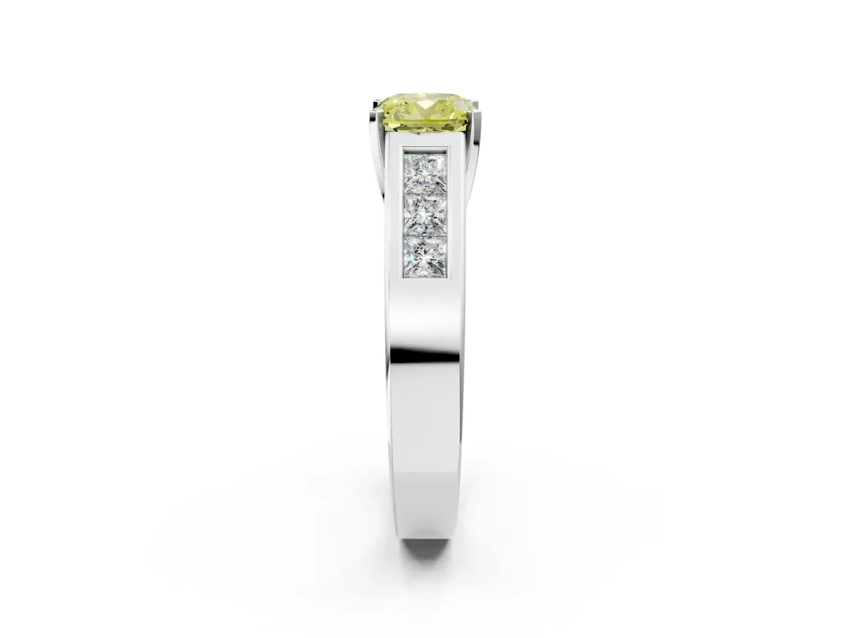 Fancy Yellow Cushion Cut Cut Channel Set Solitaire Ring with Four-Prong Setting White gold