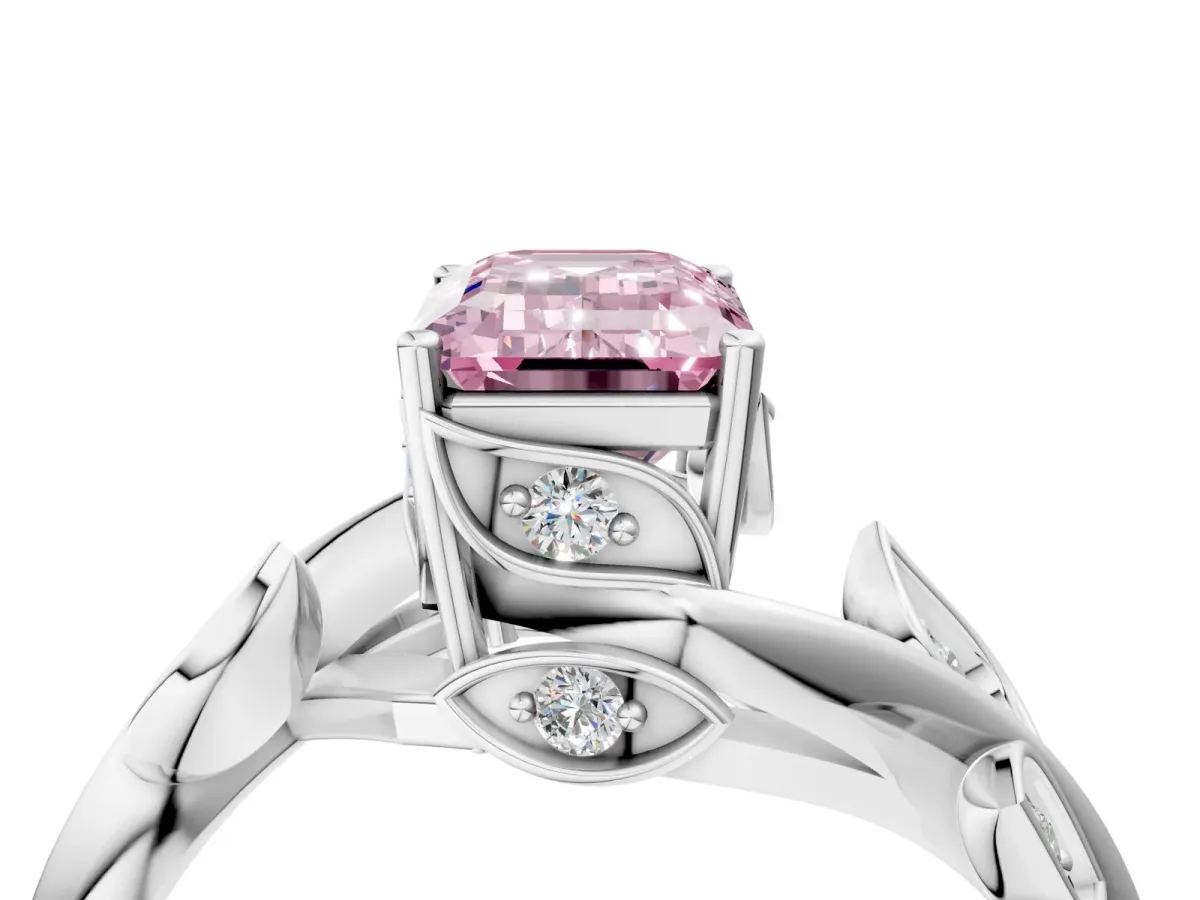 Fancy Pink Emerald Cut Solitaire Twist Engagement Ring with Leaf Accents and Prong Setting Silver