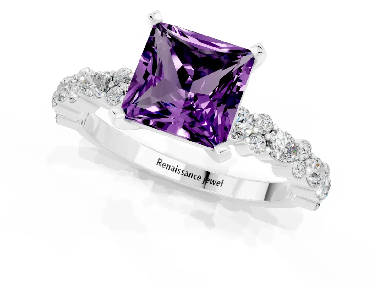 Princess Cut Amethyst Side Stone Solitaire Ring with Round and Four-Prong Setting Silver