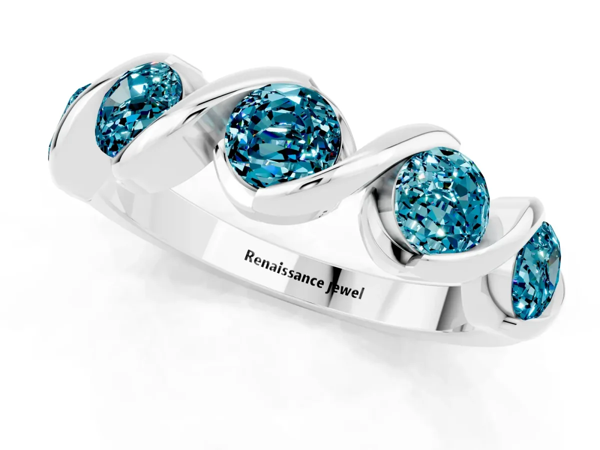 Round Blue Topaz Wave Band with Channel Setting and Shared Prongs Platinum
