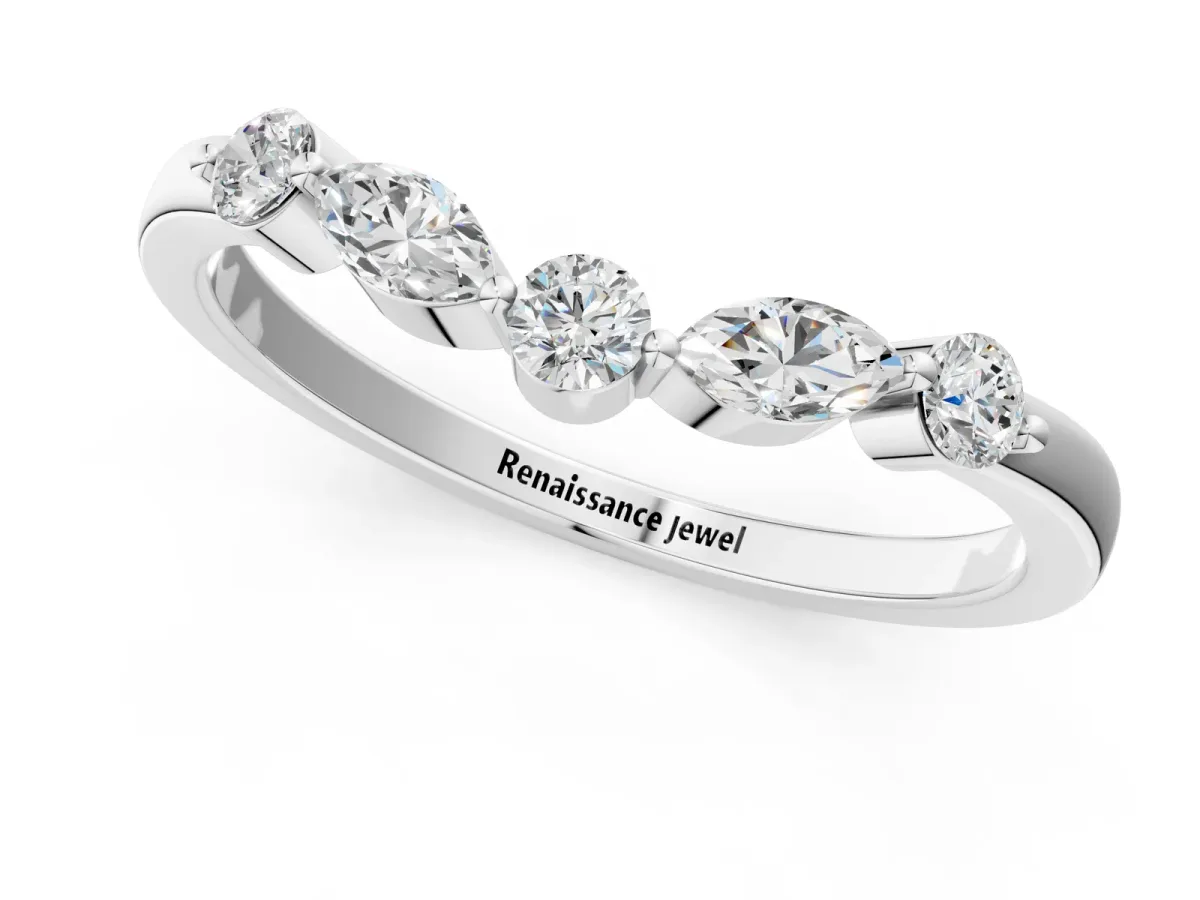Round and Marquise Diamond Half Eternity Band with Prong Setting Silver