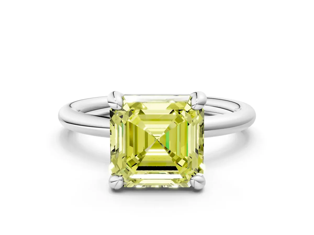 Fancy Yellow Asscher Cut Solitaire Diamond Ring with Four-Prong Setting on a Plain Band Platinum
