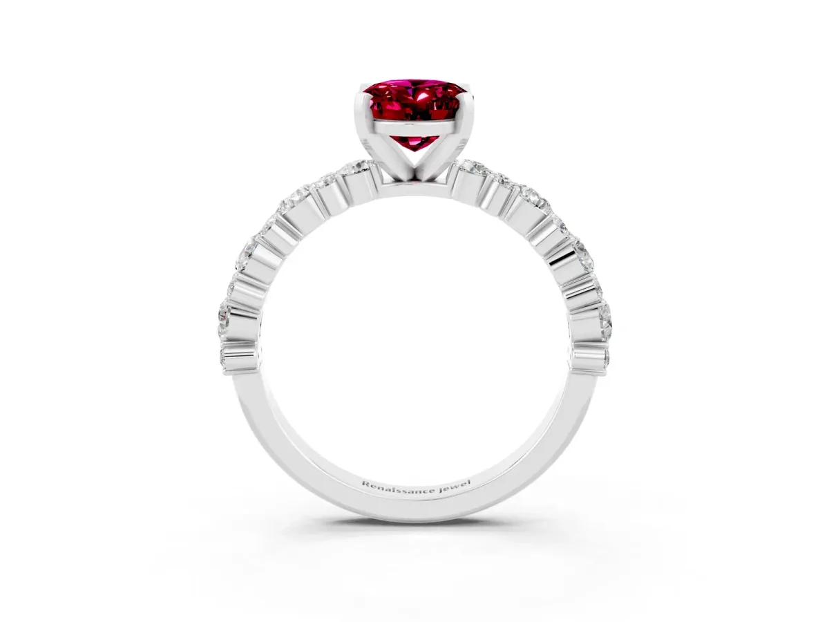 Oval Cut Garnet Side Stone Solitaire Ring with Round and Four-Prong Setting Silver
