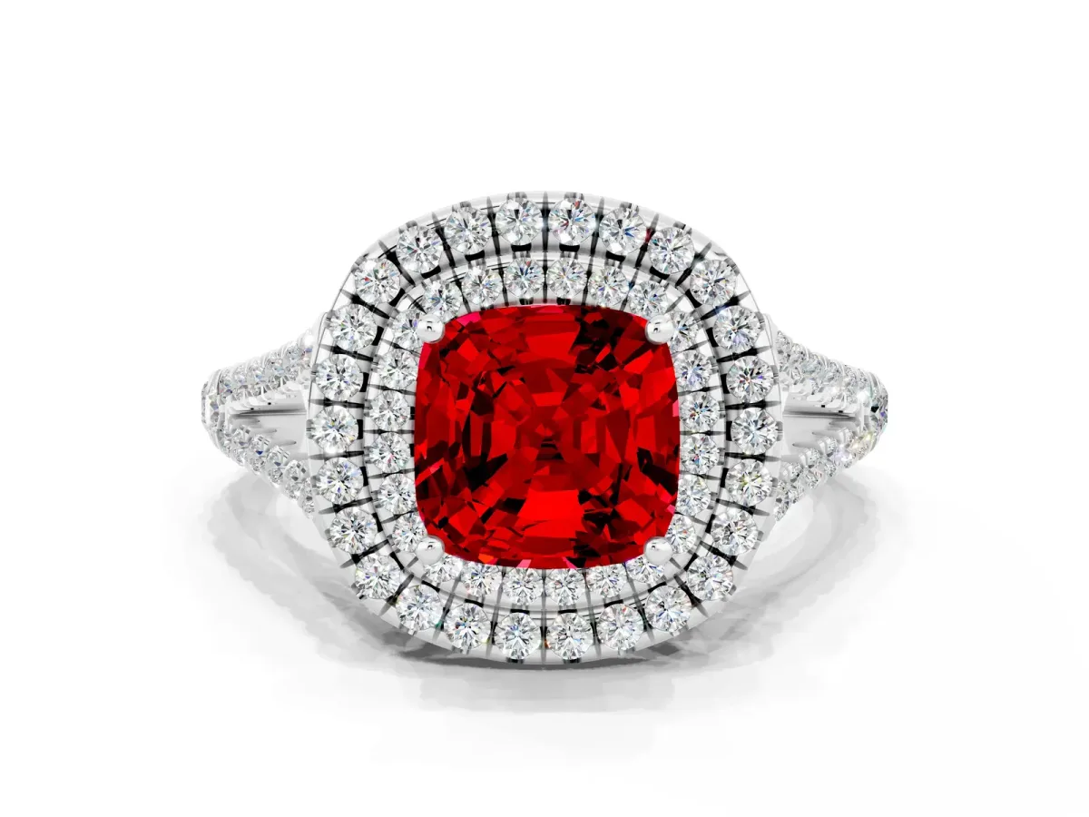 Cushion Cut Ruby Double Halo Ring with Pavé Band and Prong Setting Platinum