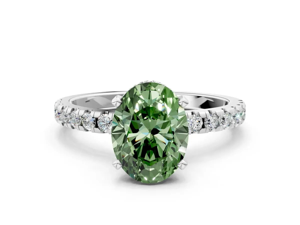 Fancy Green Oval Cut Diamond Solitaire Ring with Round Pavé Band and Four-Prong Setting Silver