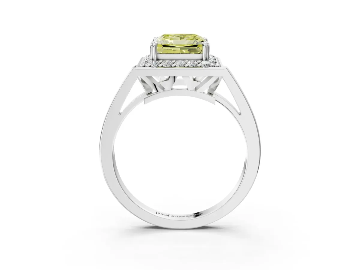 Fancy Yellow Princess Cut Diamond Halo Ring with Split Shank and Four-Prong Setting Platinum