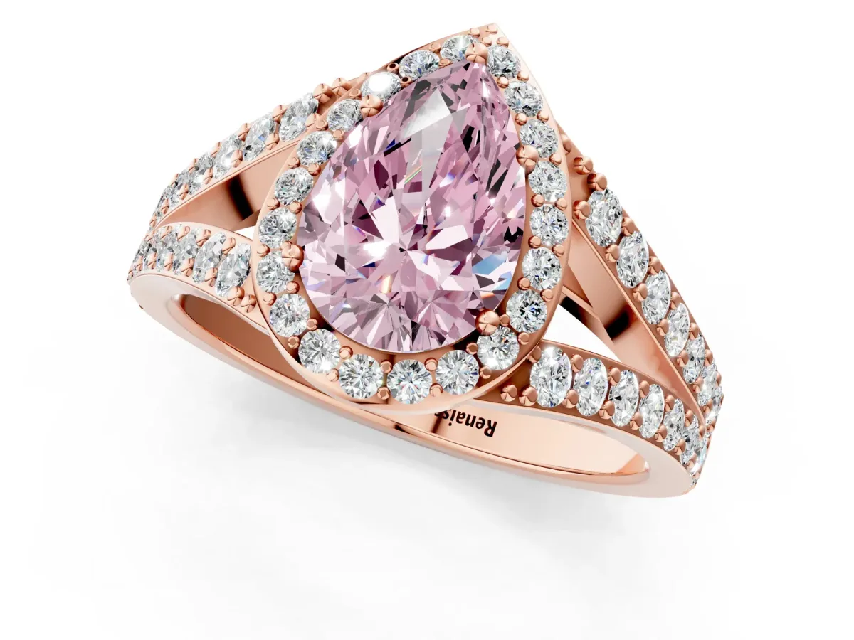 Fancy Pink Pear Cut Diamond Split Shank Halo Ring with Four-Prong Setting Rose gold