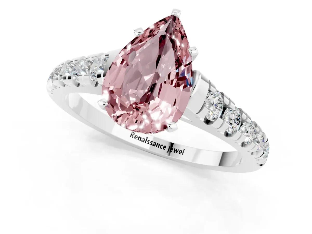 Pear Cut Morganite Cathedral Solitaire Ring with Round Pavé Band Platinum