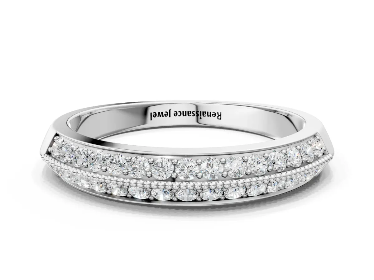 Double Row Pavé Round Diamond White Gold Band with Shared Prong Setting Platinum