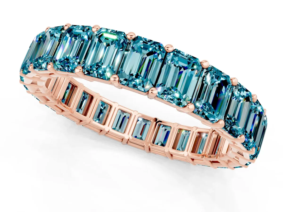Emerald Cut Blue Topaz Eternity Band with Shared Prong Setting Rose gold