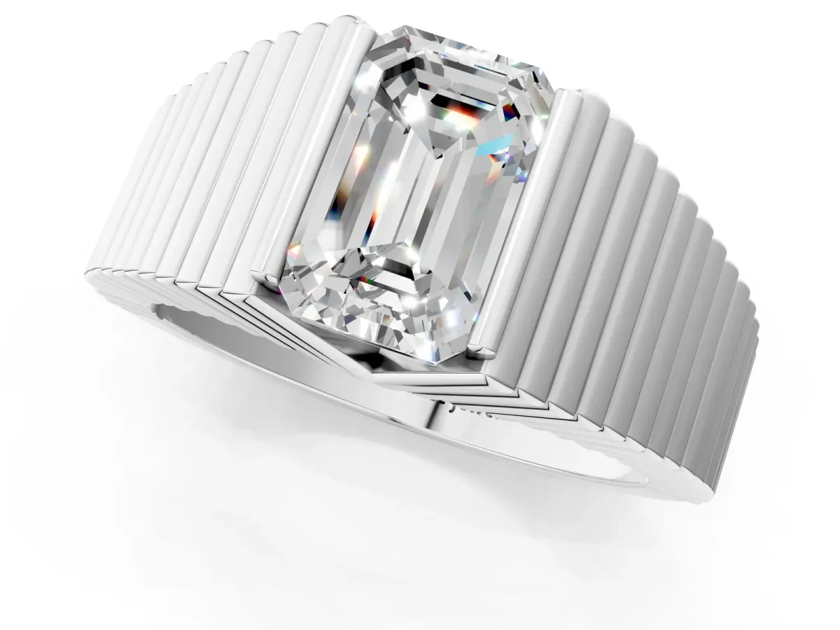 Emerald Cut Diamond Fluted Mens Ring Silver