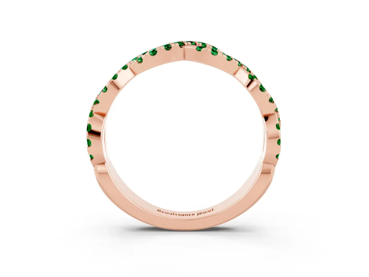 Round Emerald Twisted Eternity Band with Pavé and Shared Prong Setting Rose gold