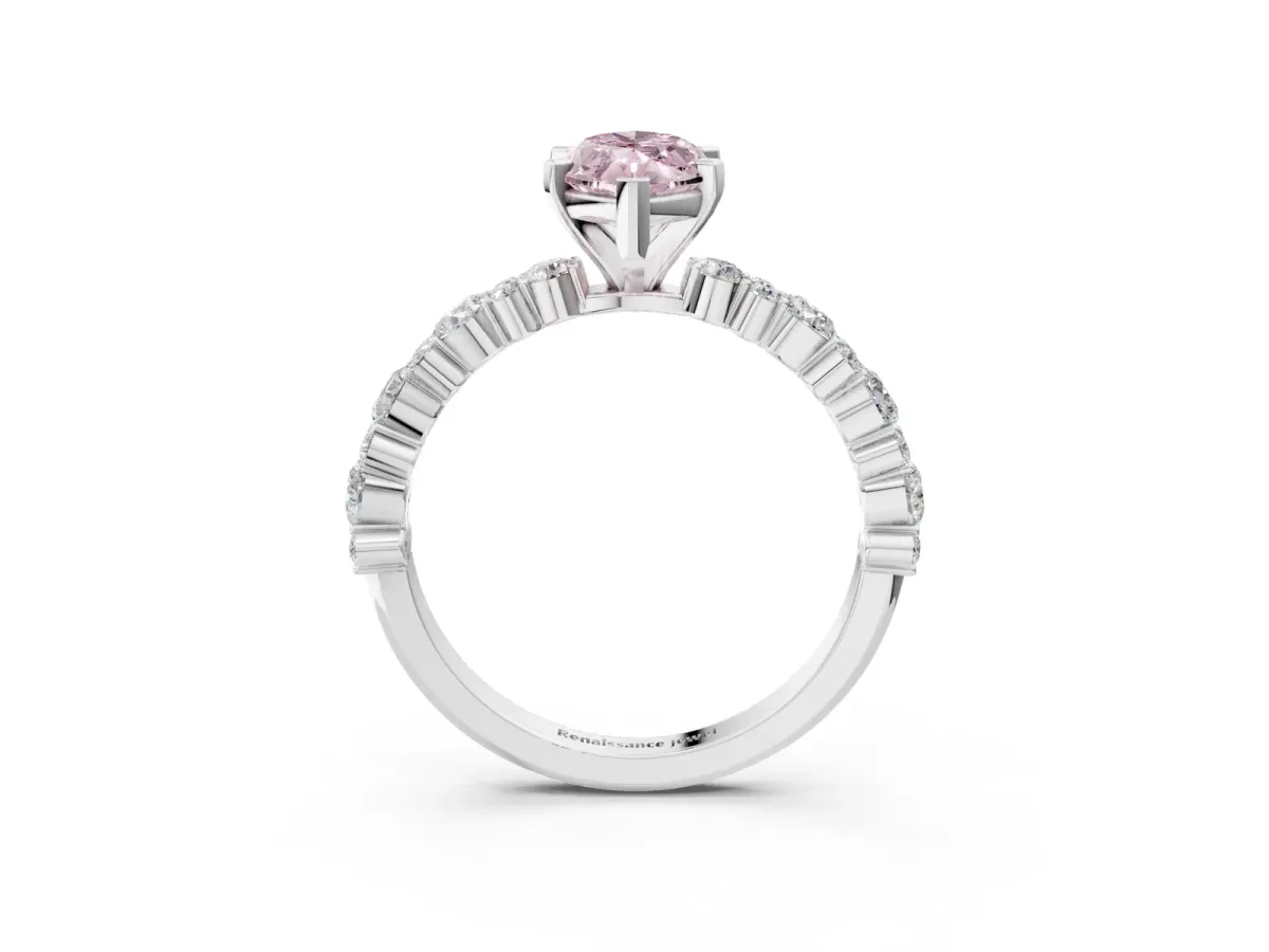 Fancy Pink Marquise Cut Diamond Side Stone Solitaire Ring with Round and Four-Prong Setting Silver
