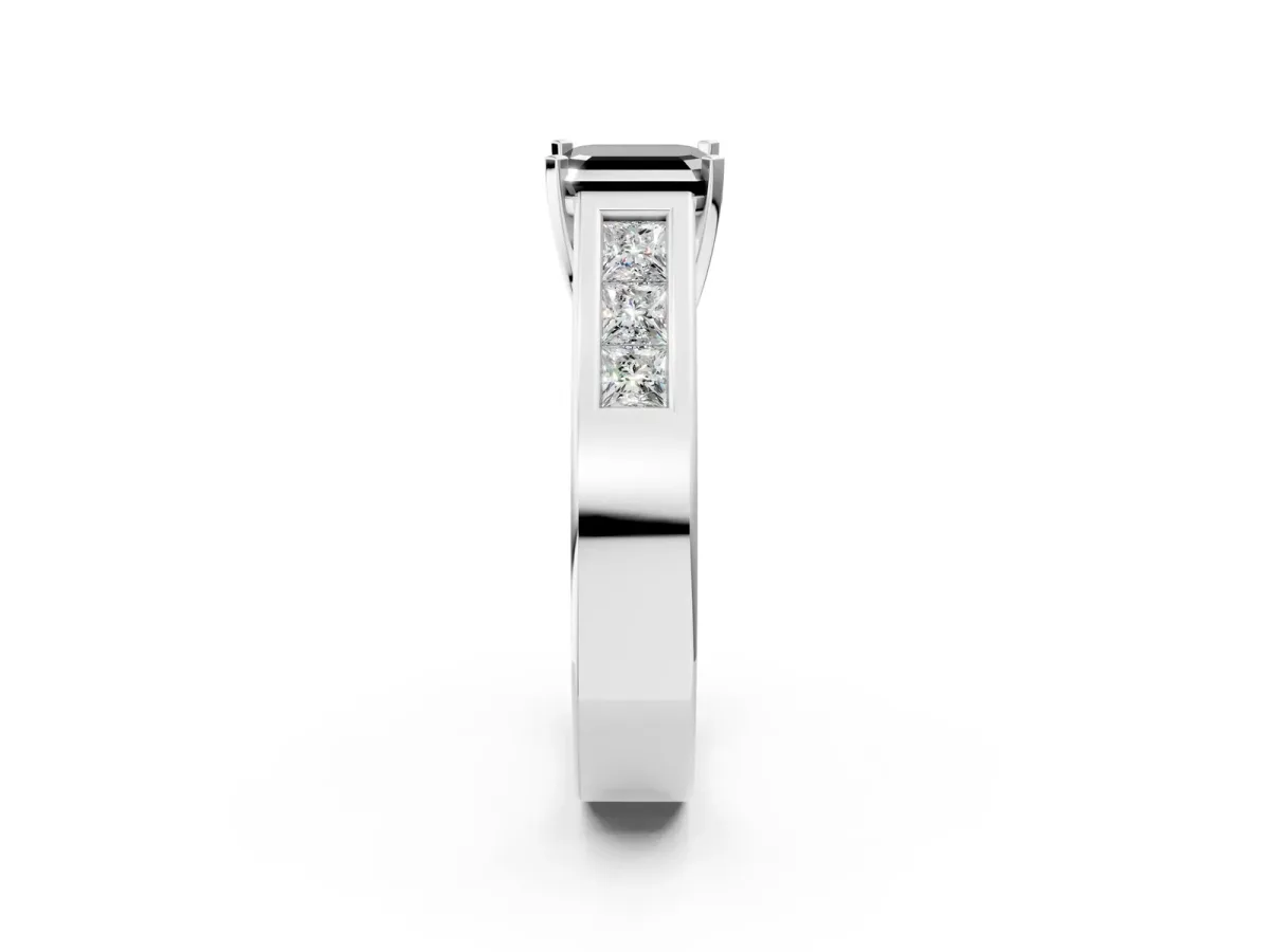 Fancy Black Asscher Cut Cut Channel Set Solitaire Ring with Four-Prong Setting Silver