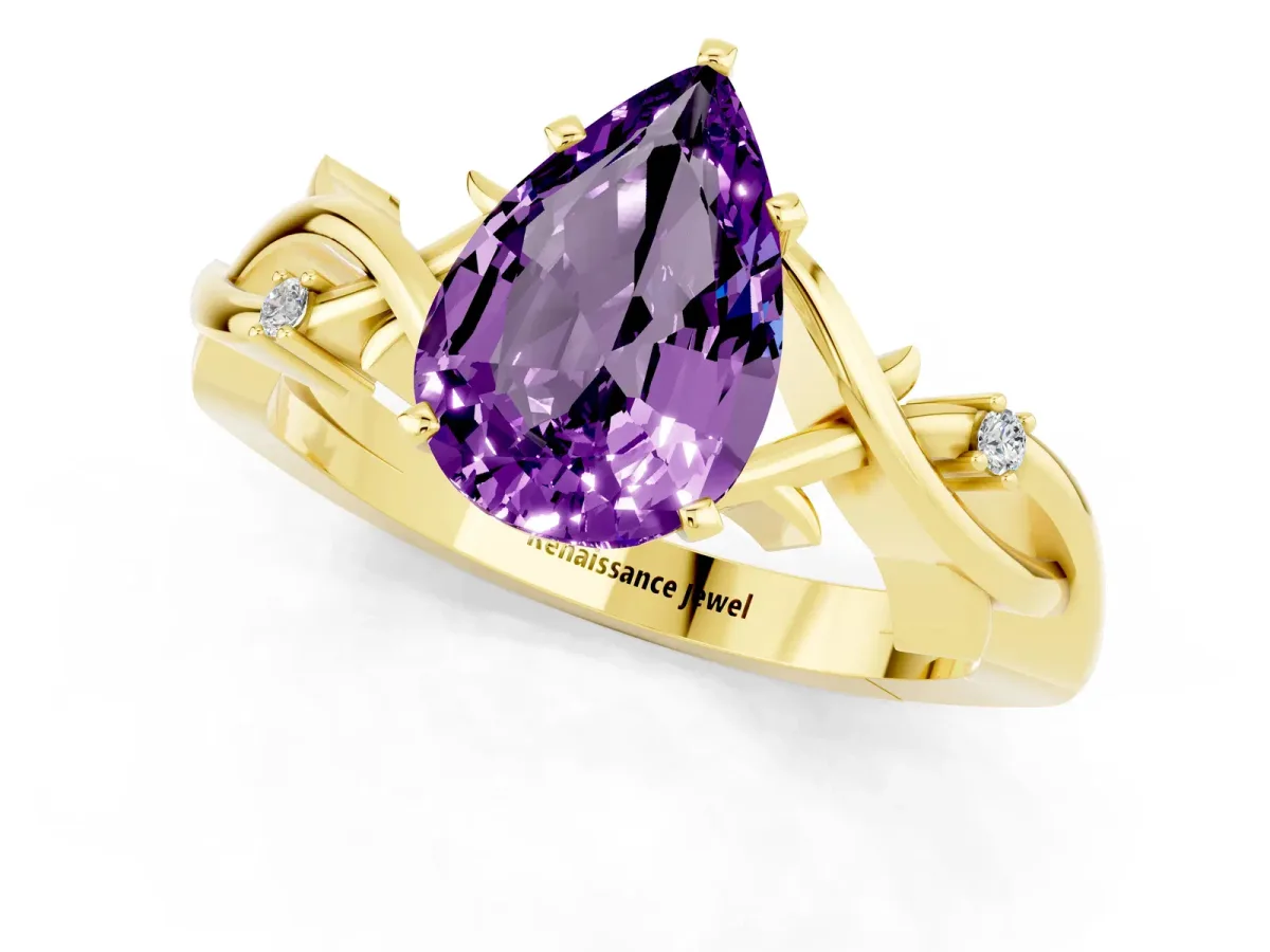 Pear Cut Amethyst Solitaire Ring with Twisted Band and Prong Setting Yellow gold