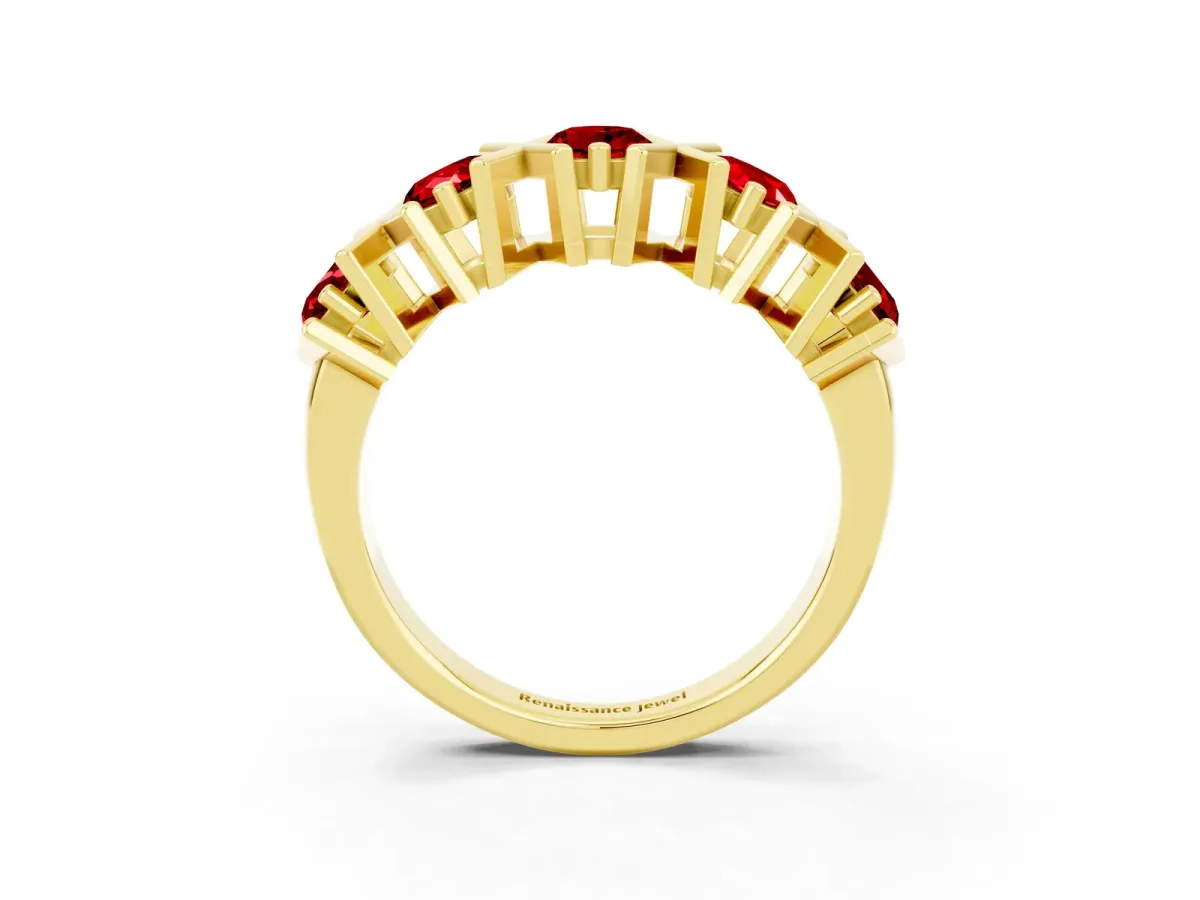 Round Ruby Channel Set Band with X-Prong Detail Yellow gold