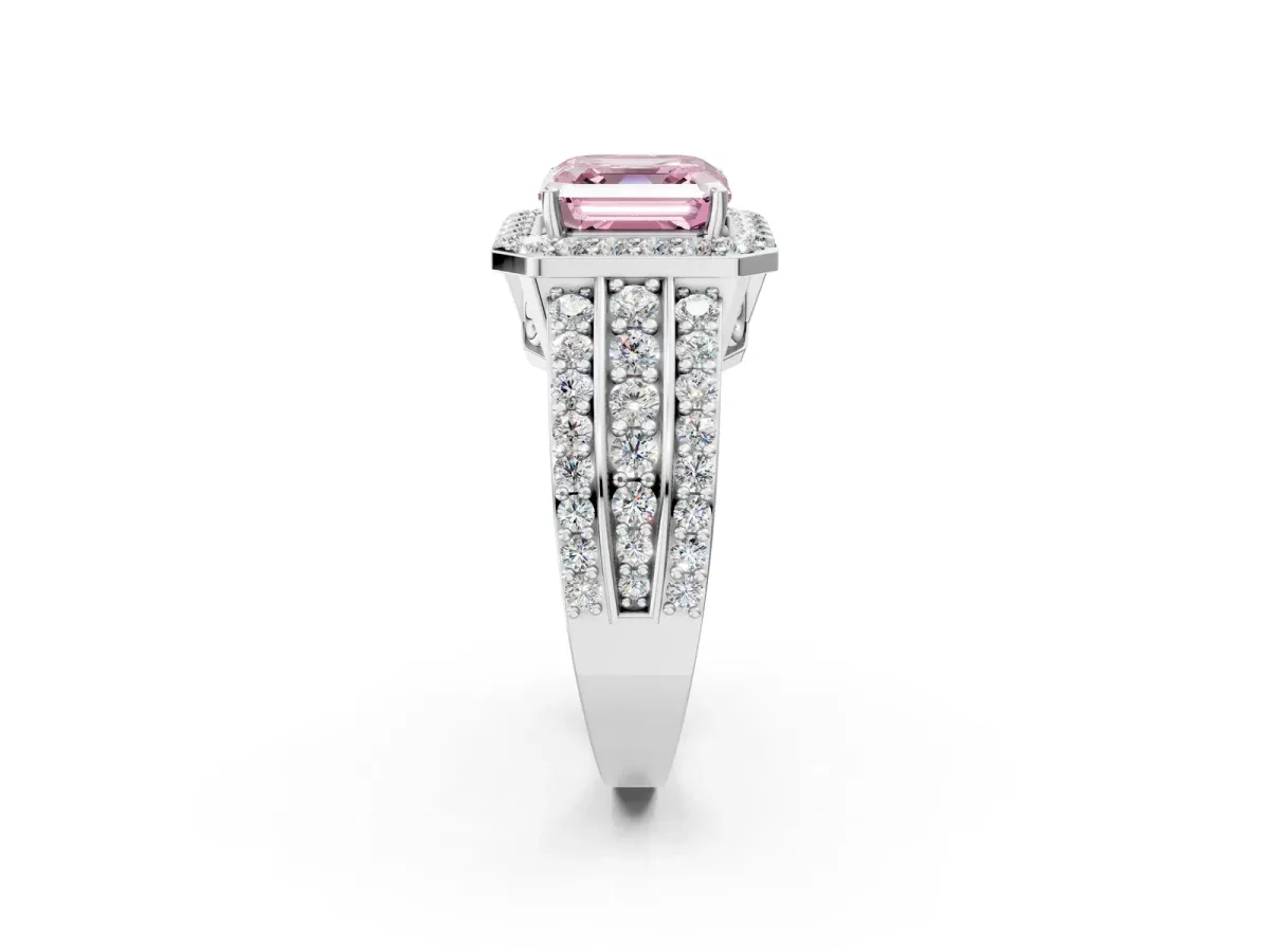 Fancy Pink Asscher Cut Halo Diamond Ring with Round Split Shank and Prong Setting Silver