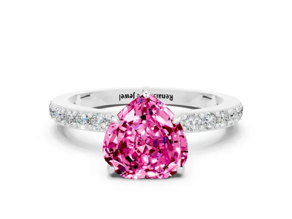 Heart Cut Pink Sapphire Solitaire Engagement Ring with Pavé Band and Four-Prong Setting Platinum