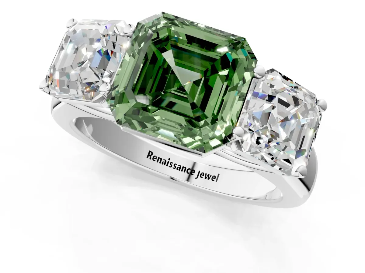 Fancy Green Asscher Cut Three-Stone Diamond Ring with Prong Setting on a Classic Band Platinum