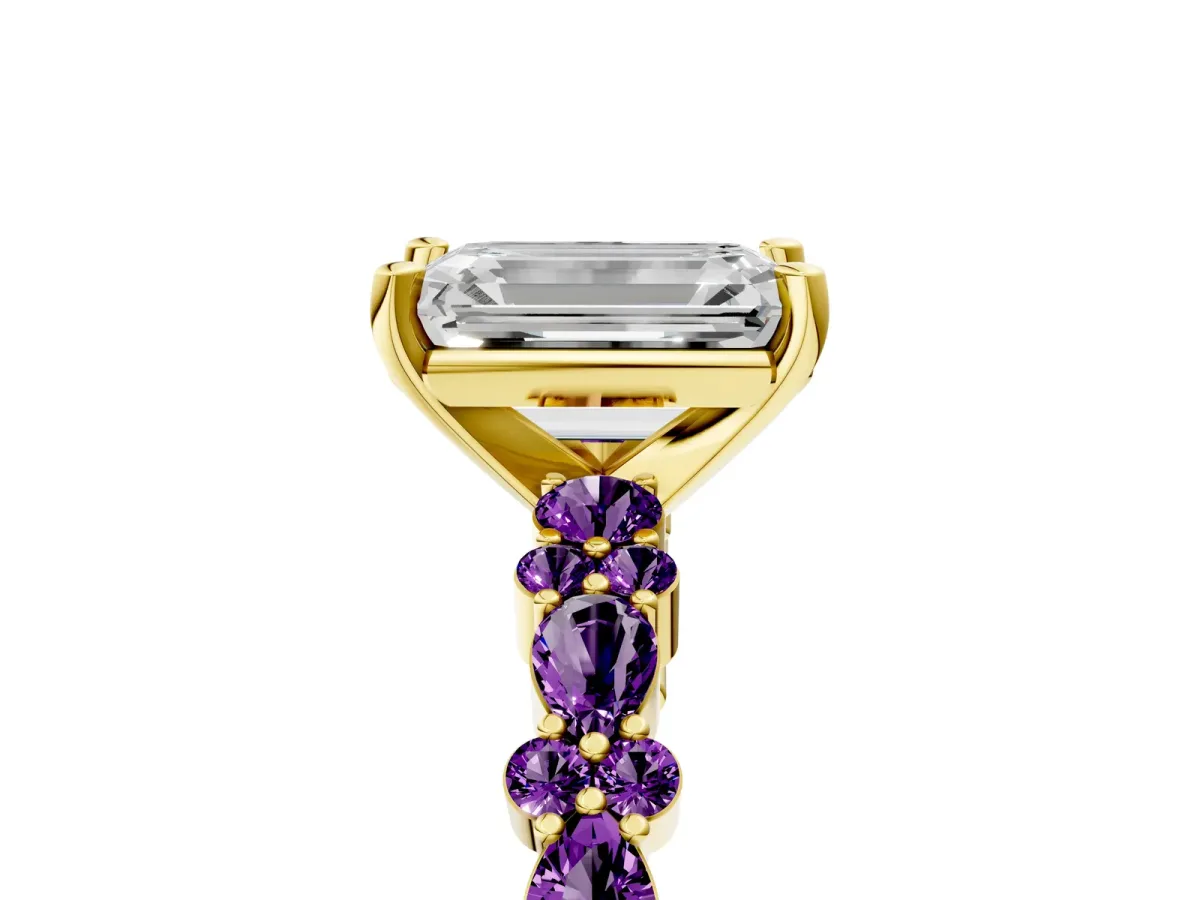 Emerald Cut Diamond Side Stone Solitaire Ring with Round Amethyst and Four-Prong Setting Yellow gold