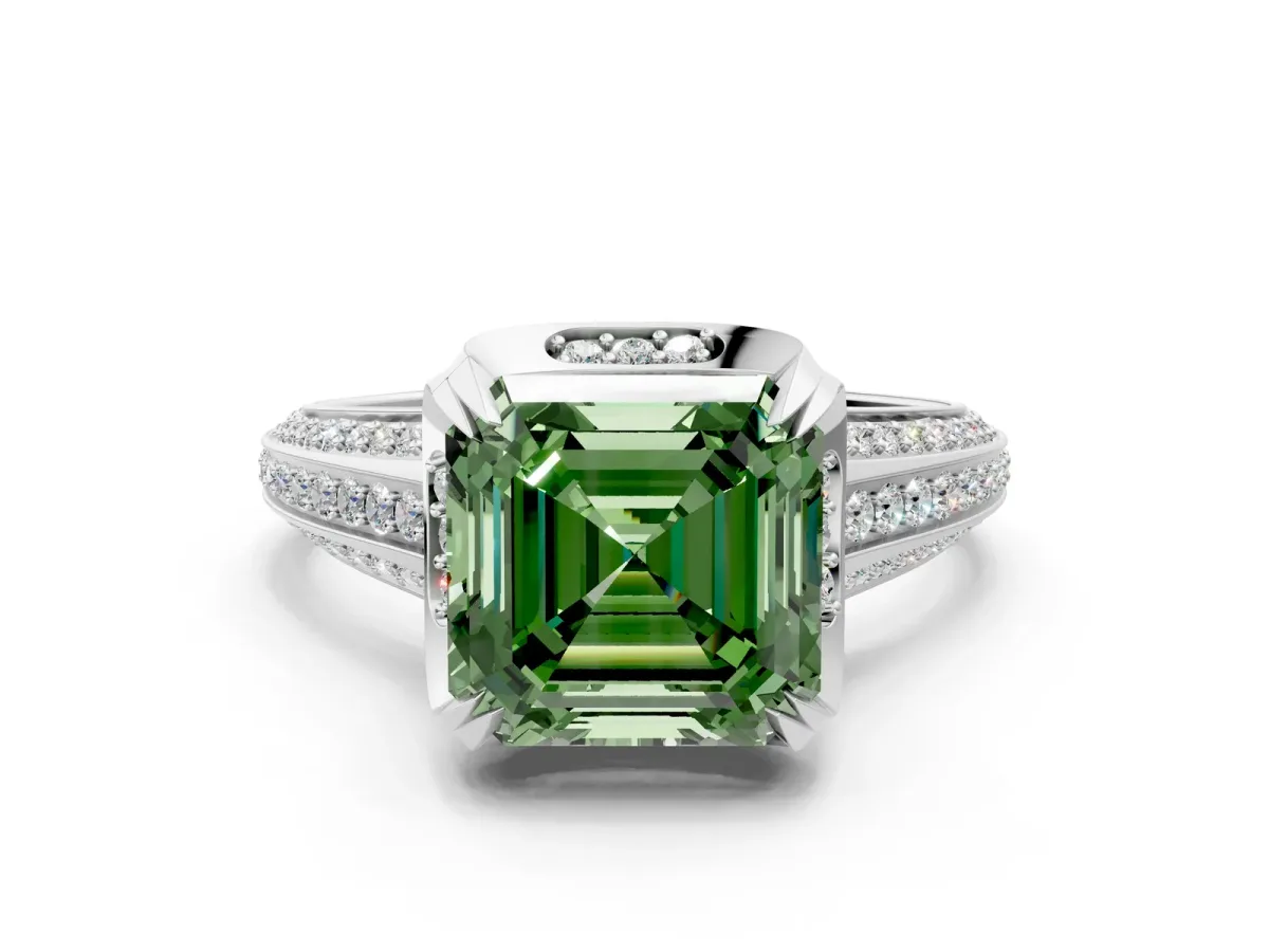 Fancy Green Asscher Cut Solitaire Pave Split Shank Ring with Four-Prong Setting Platinum