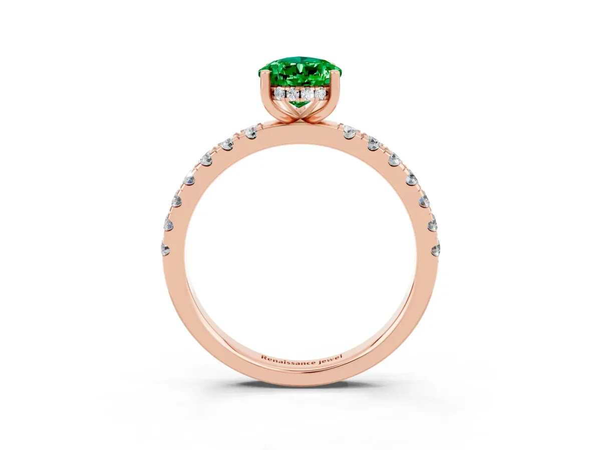 Pear Cut Emerald Pave Band Solitaire Ring with Round and Prong Setting Rose gold