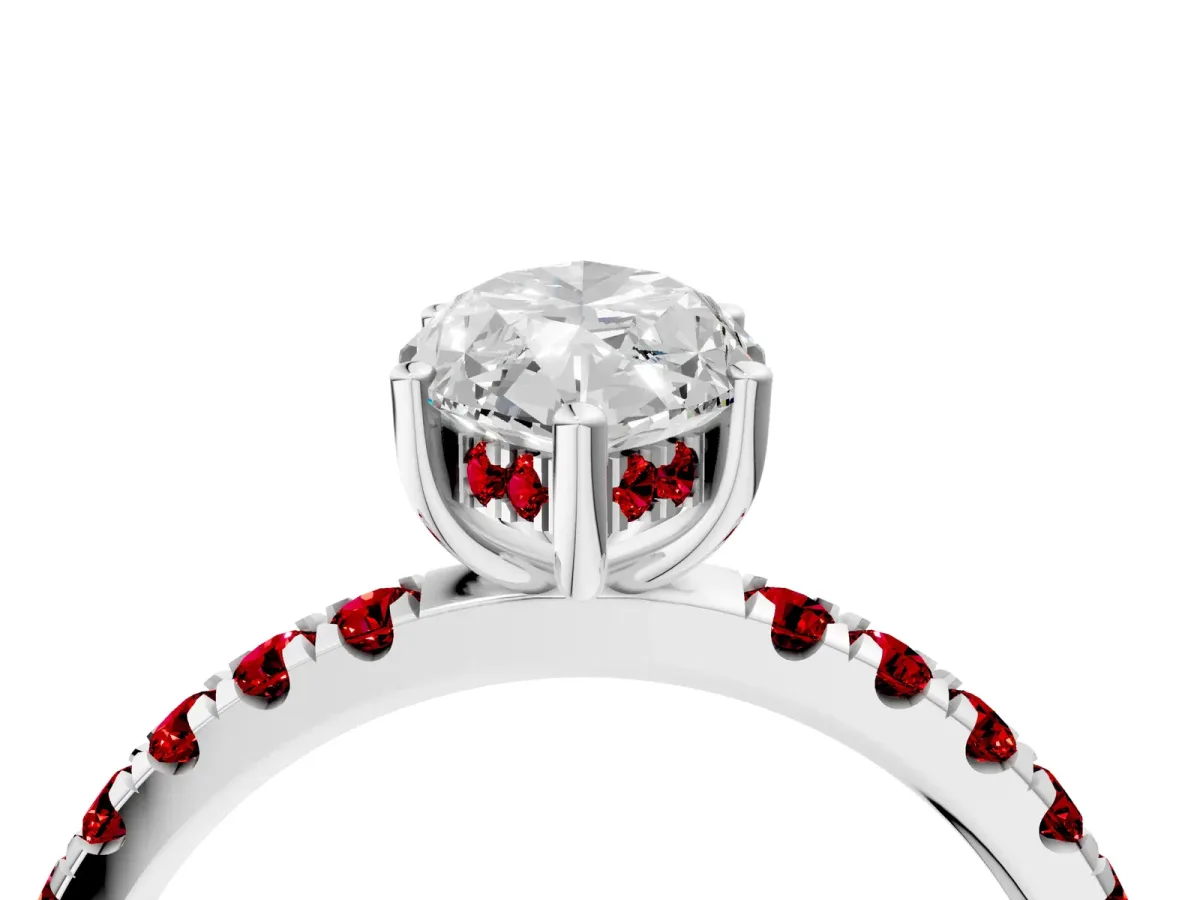 Marquise Cut Diamond Pave Band Solitaire Ring with Round Ruby and Prong Setting White gold