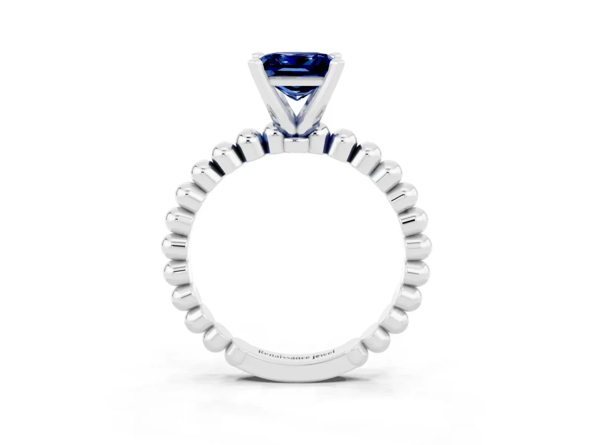 Princess Cut Blue Sapphire Solitaire Ring with Beaded Band and Prong Setting Platinum