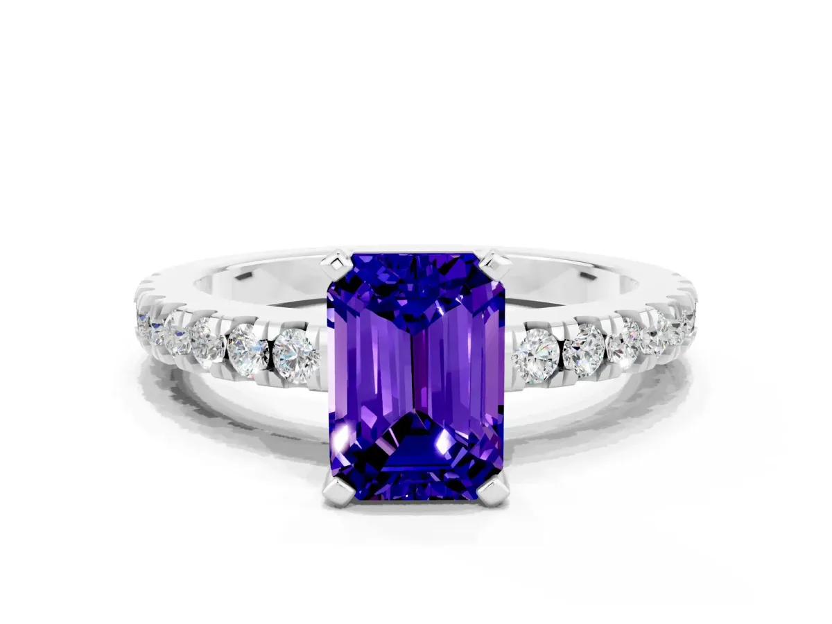 Emerald Cut Solitaire Tanzanite with Pavé Band and Four-Prong Setting Silver