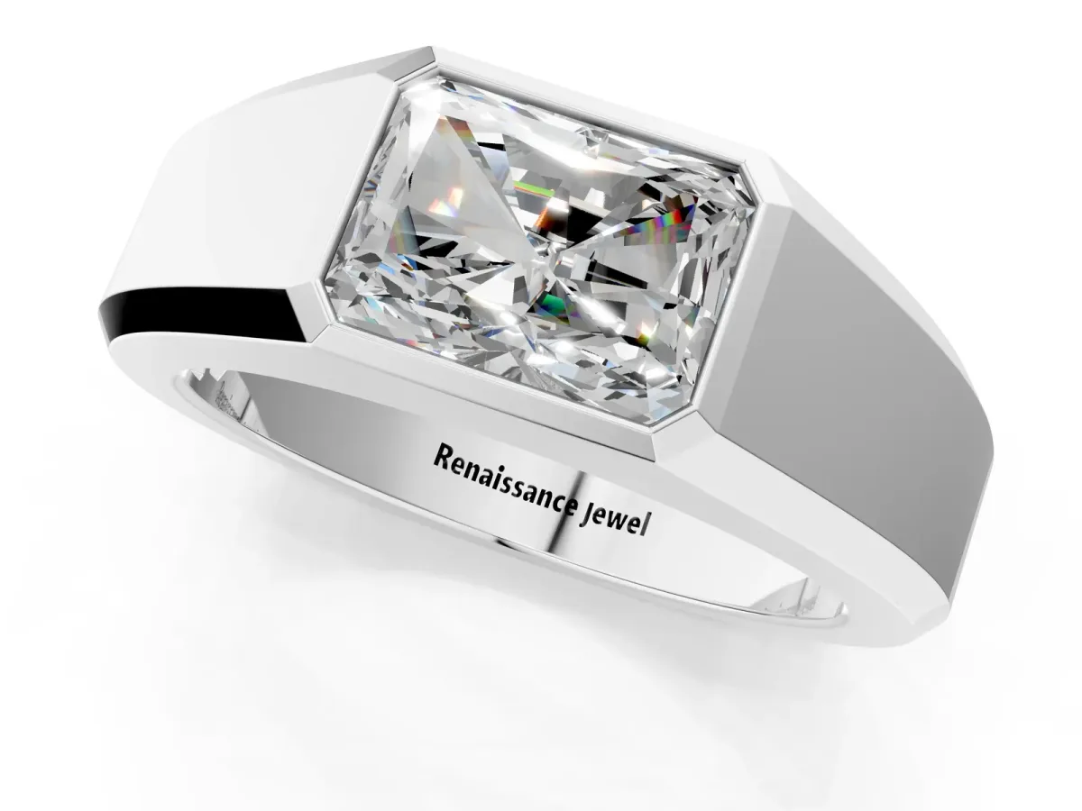 Radiant Diamond Wide Bezel Mens Ring Silver