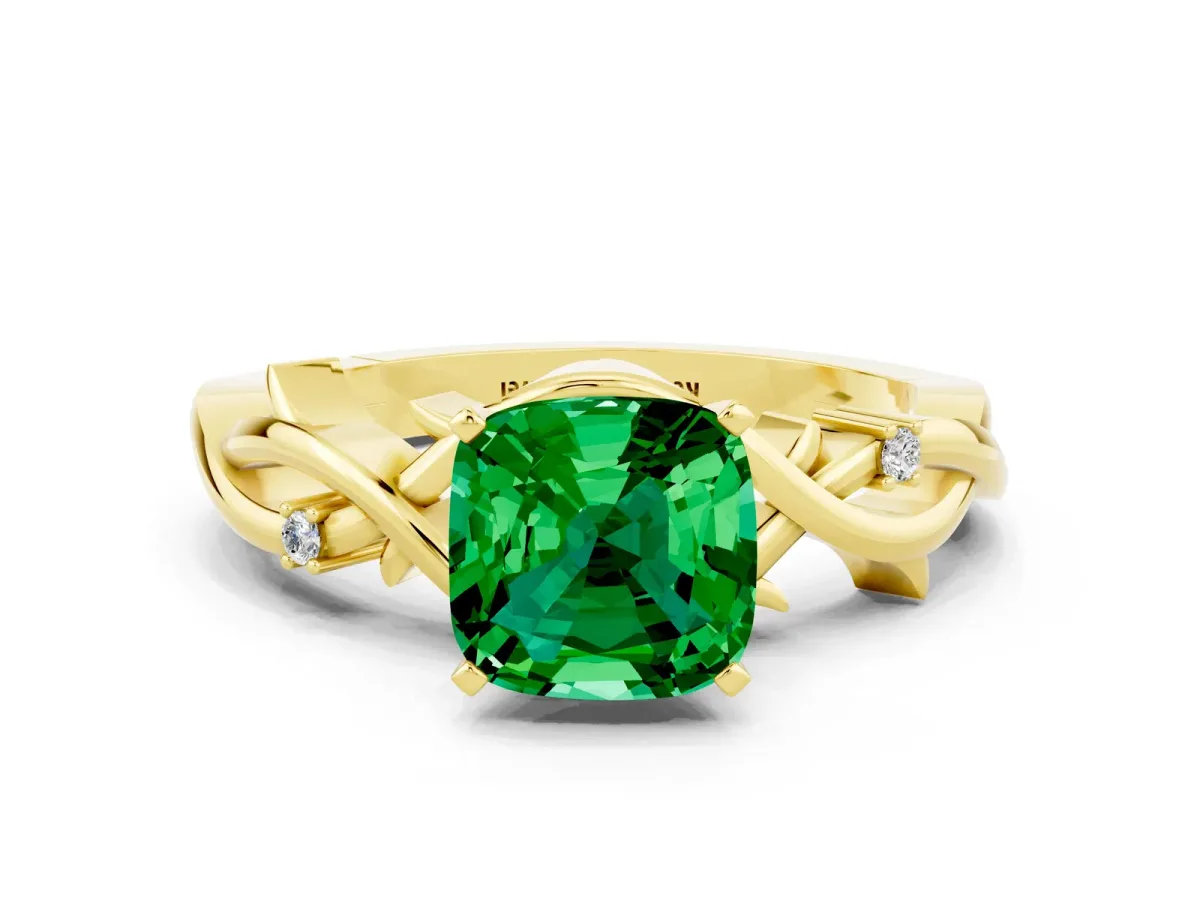 Cushion Cut Emerald Solitaire Ring with Twisted Band and Prong Setting Yellow gold