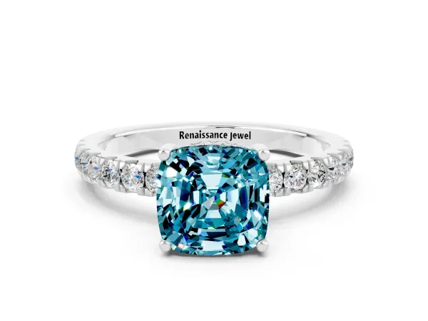 Cushion Cut Blue Topaz Pave Band Solitaire Ring with Round and Prong Setting Platinum